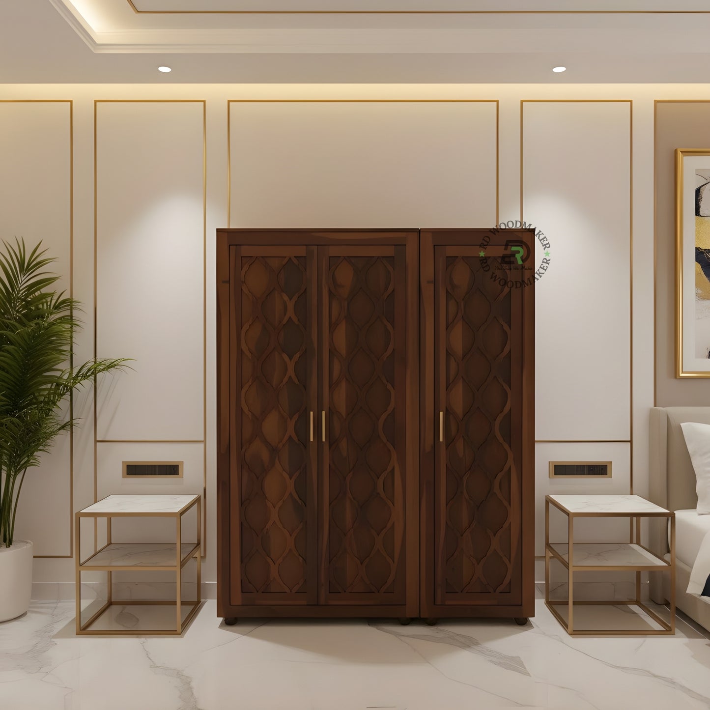 ELEGANT MIRRORED SOLID WOOD WARDROBE WITH LATTICE CARVING