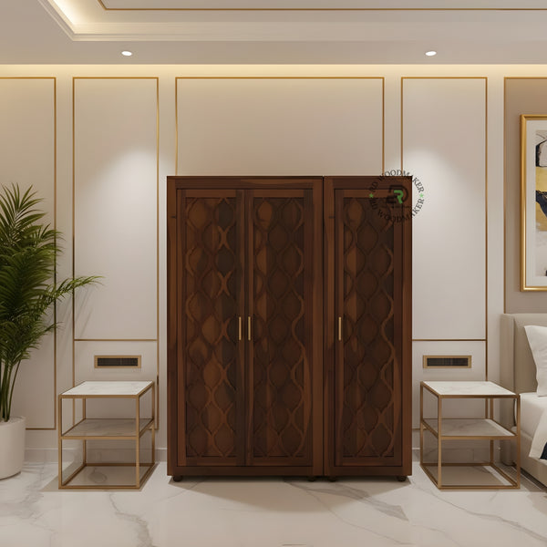 ELEGANT MIRRORED SOLID WOOD WARDROBE WITH LATTICE CARVING