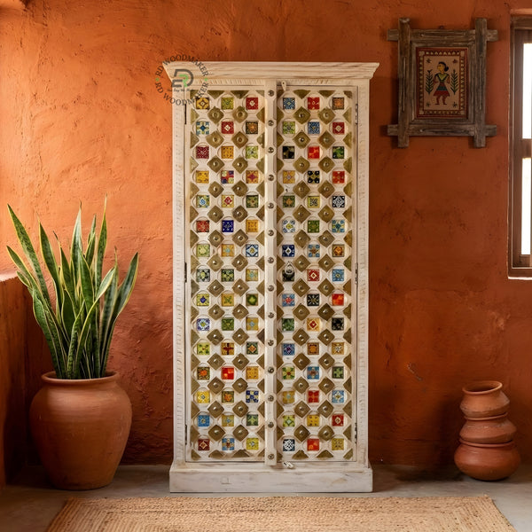 BOHEMIAN HAND-PAINTED DISTRESSED WOOD TALL WARDROBE