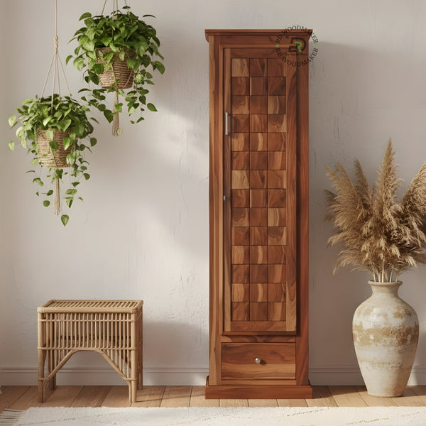 TALL SLIM WOVEN WOOD BLOCK 1-DOOR WARDROBE