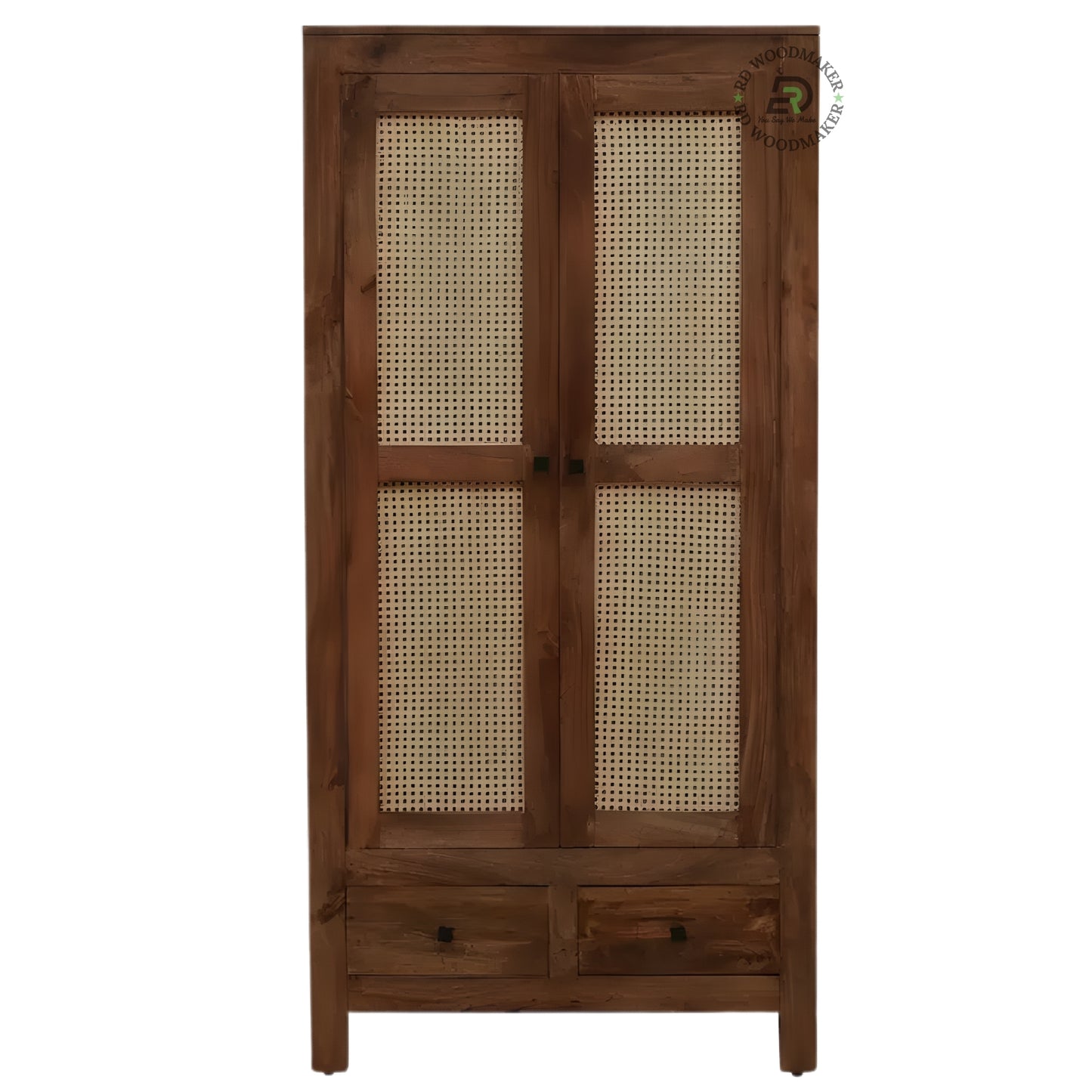 TRADITIONAL SOLID WOOD 2-DOOR WARDROBE WITH CANE PANELS AND 2 DRAWERS