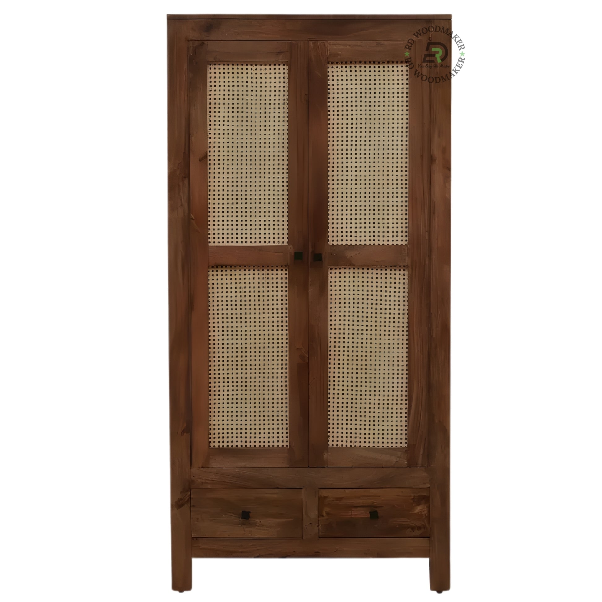 TRADITIONAL SOLID WOOD 2-DOOR WARDROBE WITH CANE PANELS AND 2 DRAWERS