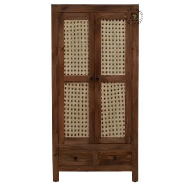 TRADITIONAL SOLID WOOD 2-DOOR WARDROBE WITH CANE PANELS AND 2 DRAWERS