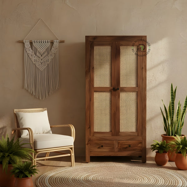 TRADITIONAL SOLID WOOD 2-DOOR WARDROBE WITH CANE PANELS AND 2 DRAWERS