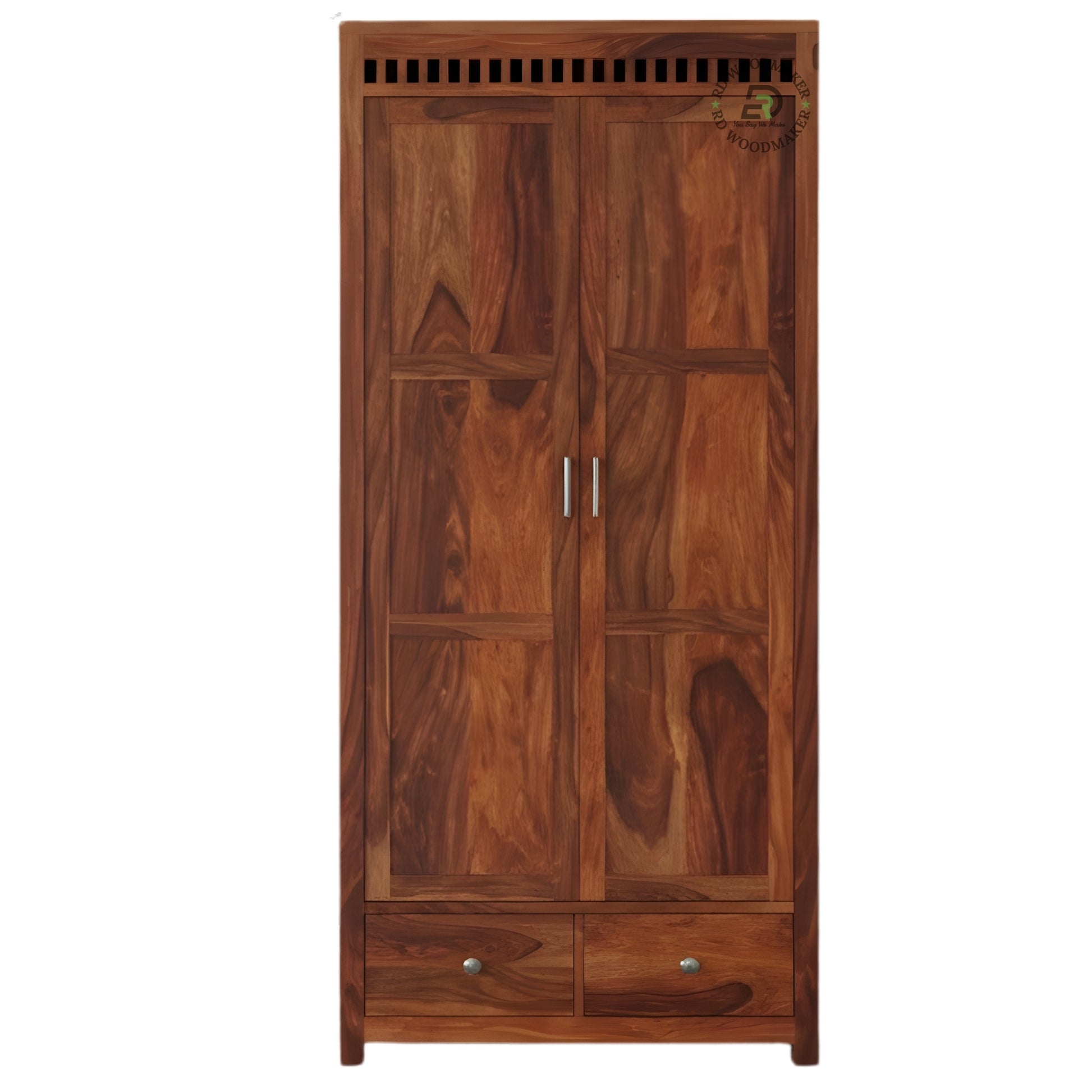 RUSTIC SOLID WOOD 2-DOOR WARDROBE WITH GLASS X-PANELS AND 3 DRAWERS
