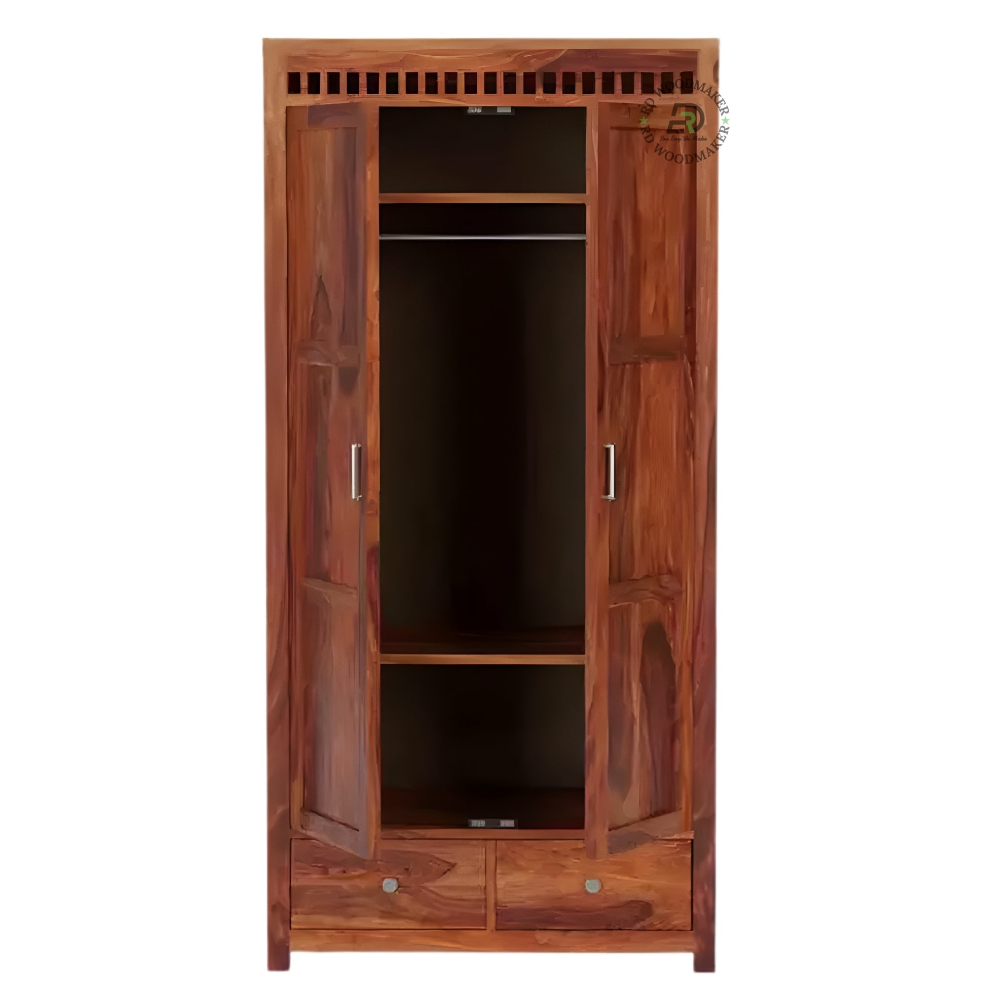 RUSTIC SOLID WOOD 2-DOOR WARDROBE WITH GLASS X-PANELS AND 3 DRAWERS
