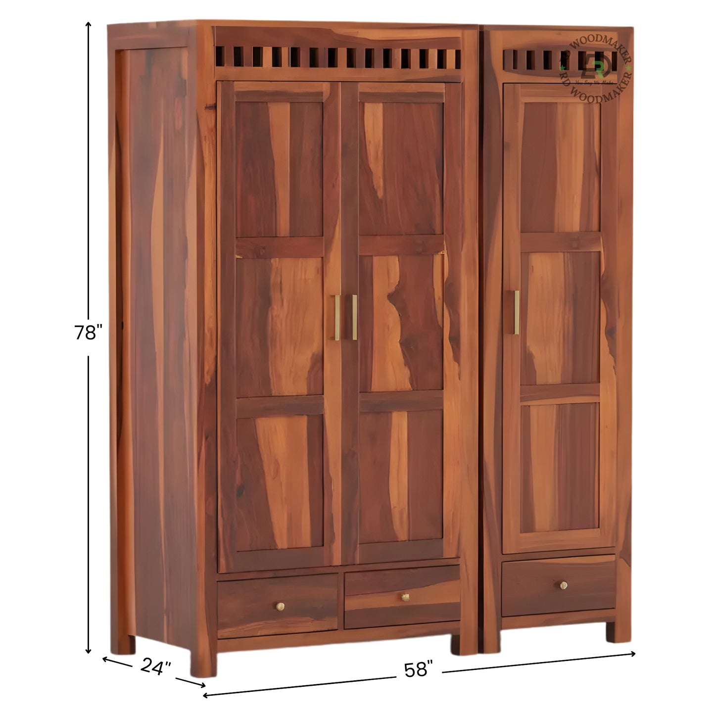 SOLID SHEESHAM WOOD 3-DOOR TRIPLE WARDROBE WITH DRAWERS