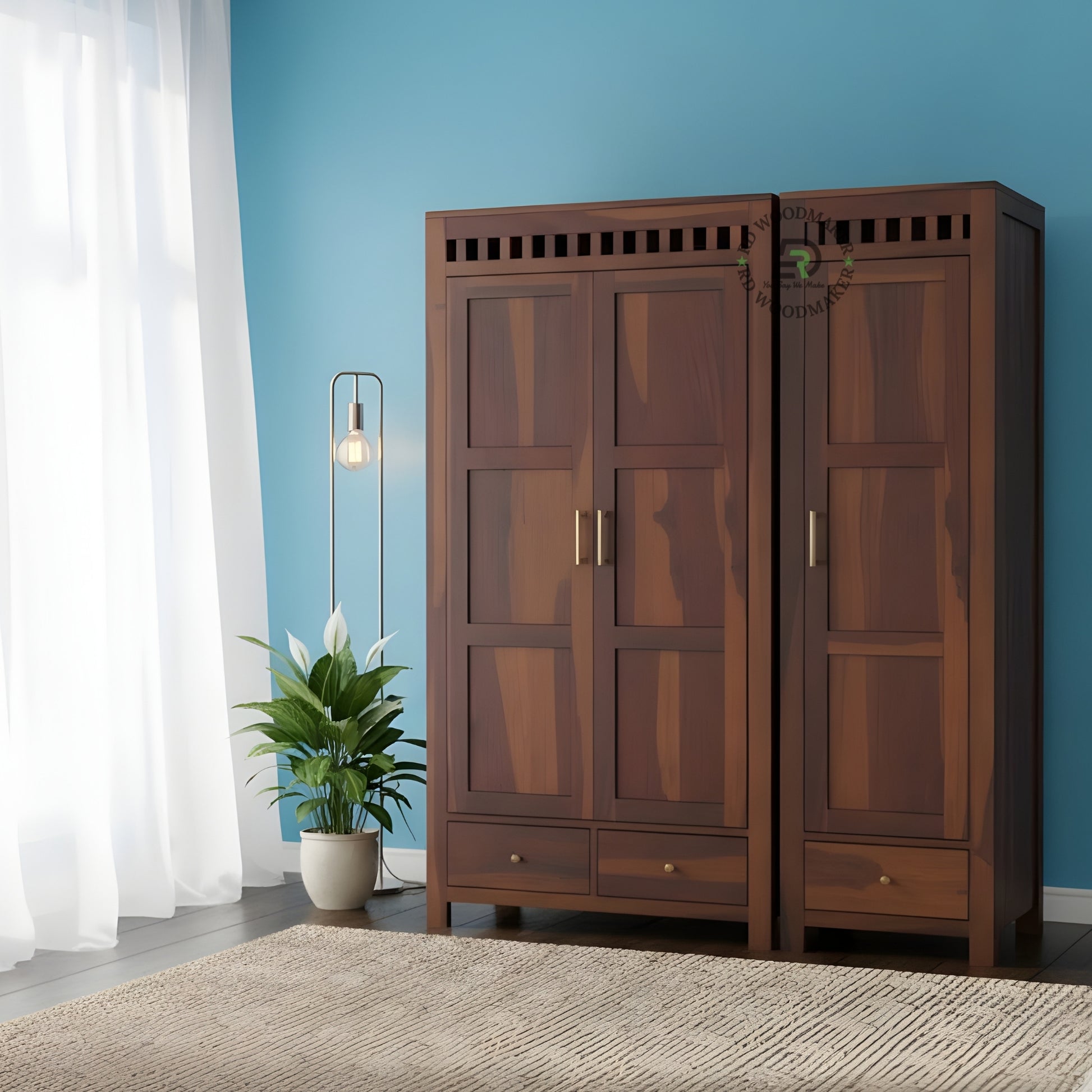 SOLID SHEESHAM WOOD 3-DOOR TRIPLE WARDROBE WITH DRAWERS
