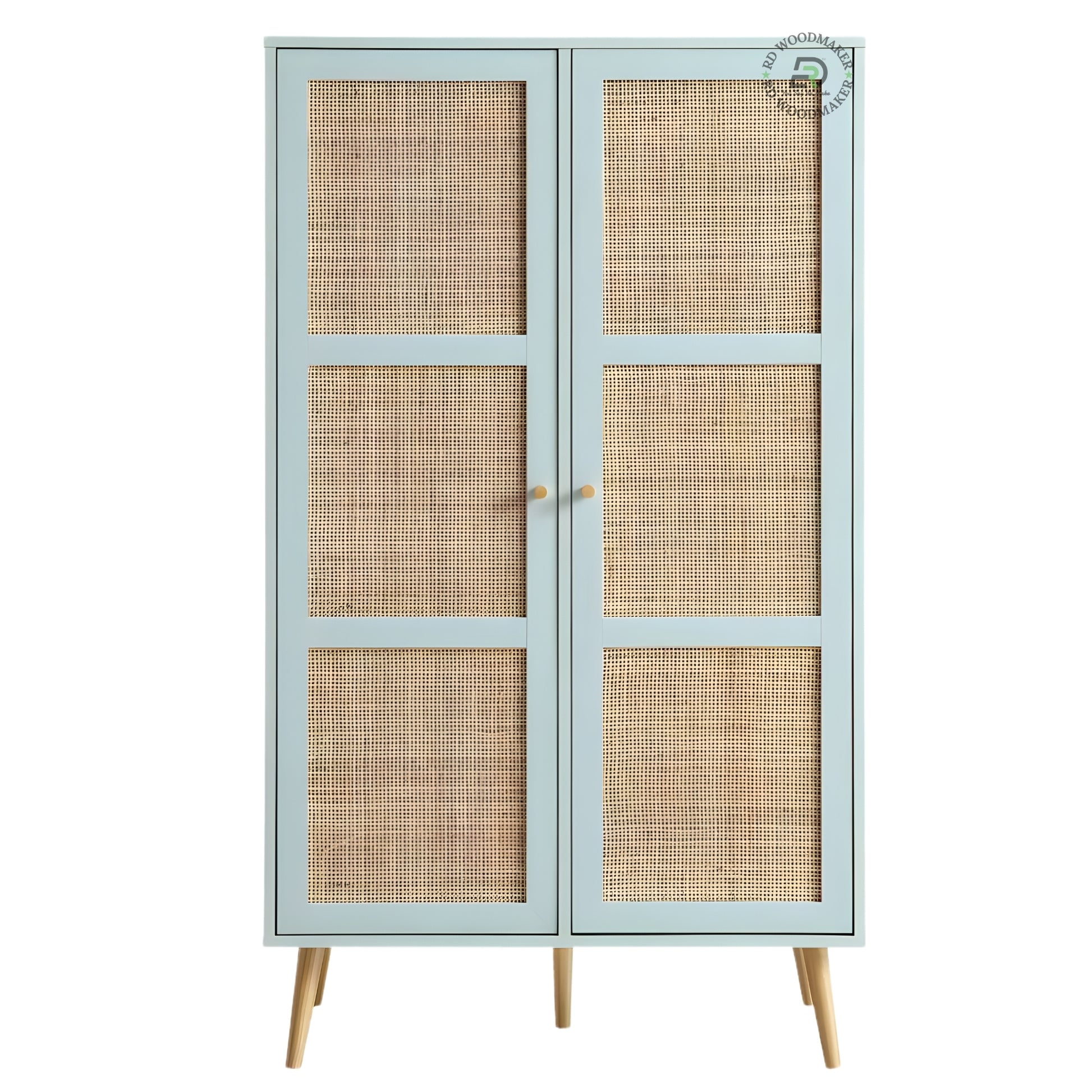 MODERN LIGHT BLUE 2-DOOR WARDROBE WITH RATTAN CANE PANELS