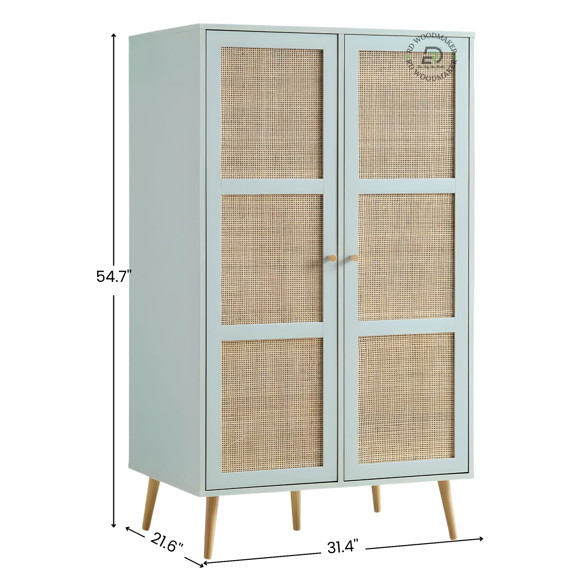 MODERN LIGHT BLUE 2-DOOR WARDROBE WITH RATTAN CANE PANELS