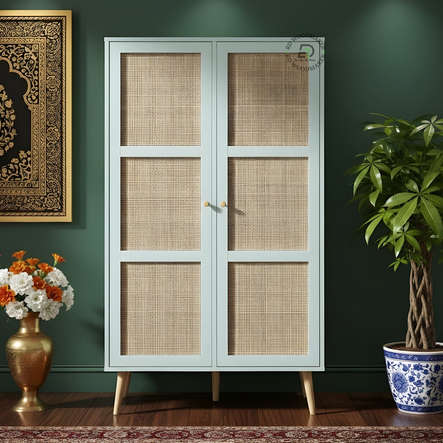 MODERN LIGHT BLUE 2-DOOR WARDROBE WITH RATTAN CANE PANELS