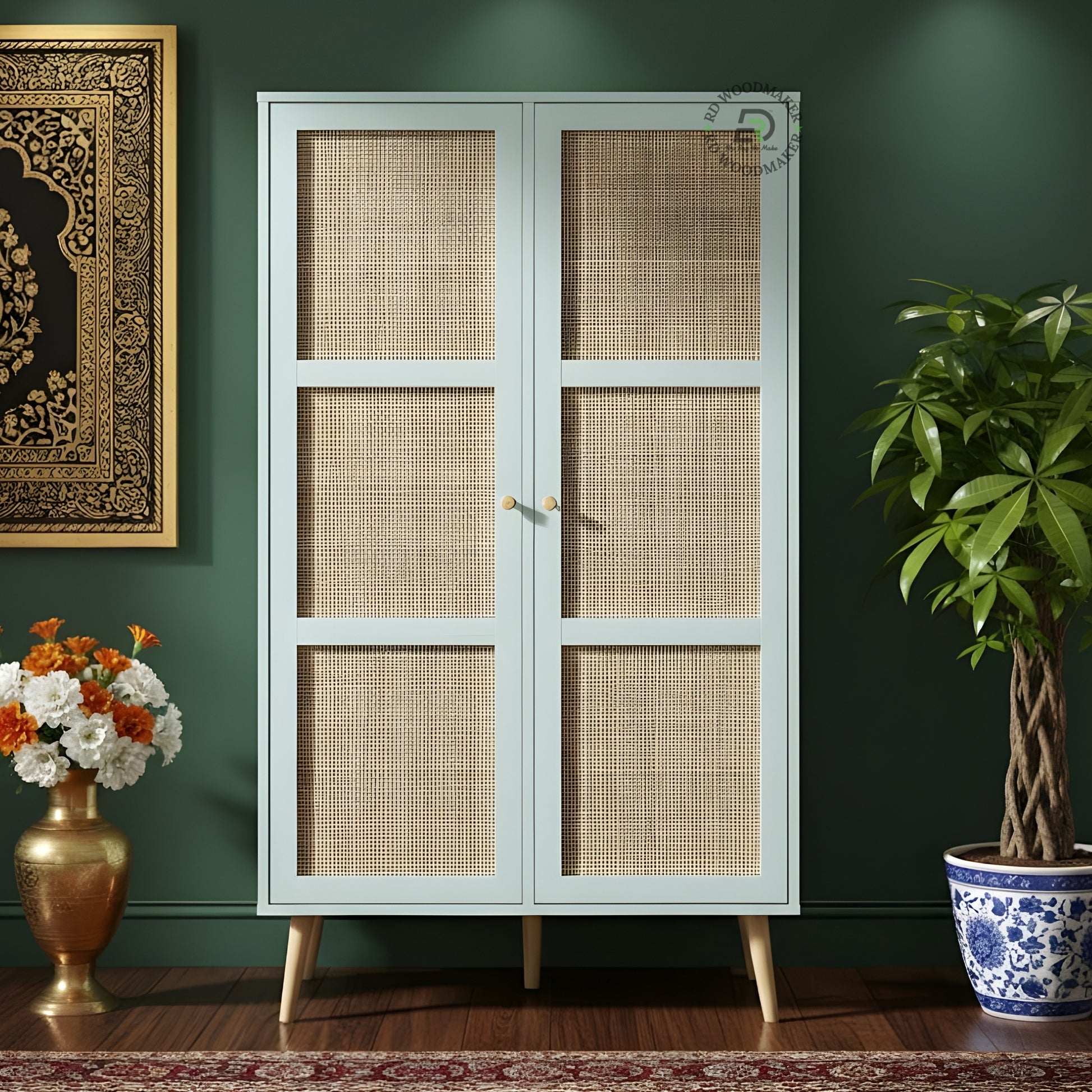 MODERN LIGHT BLUE 2-DOOR WARDROBE WITH RATTAN CANE PANELS