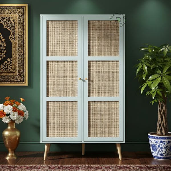 MODERN LIGHT BLUE 2-DOOR WARDROBE WITH RATTAN CANE PANELS