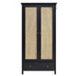 MODERN BLACK SOLID WOOD 2-DOOR WARDROBE WITH CANE PANELS AND DRAWER