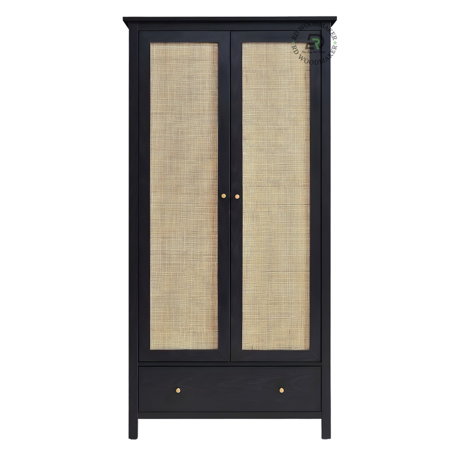 MODERN BLACK SOLID WOOD 2-DOOR WARDROBE WITH CANE PANELS AND DRAWER