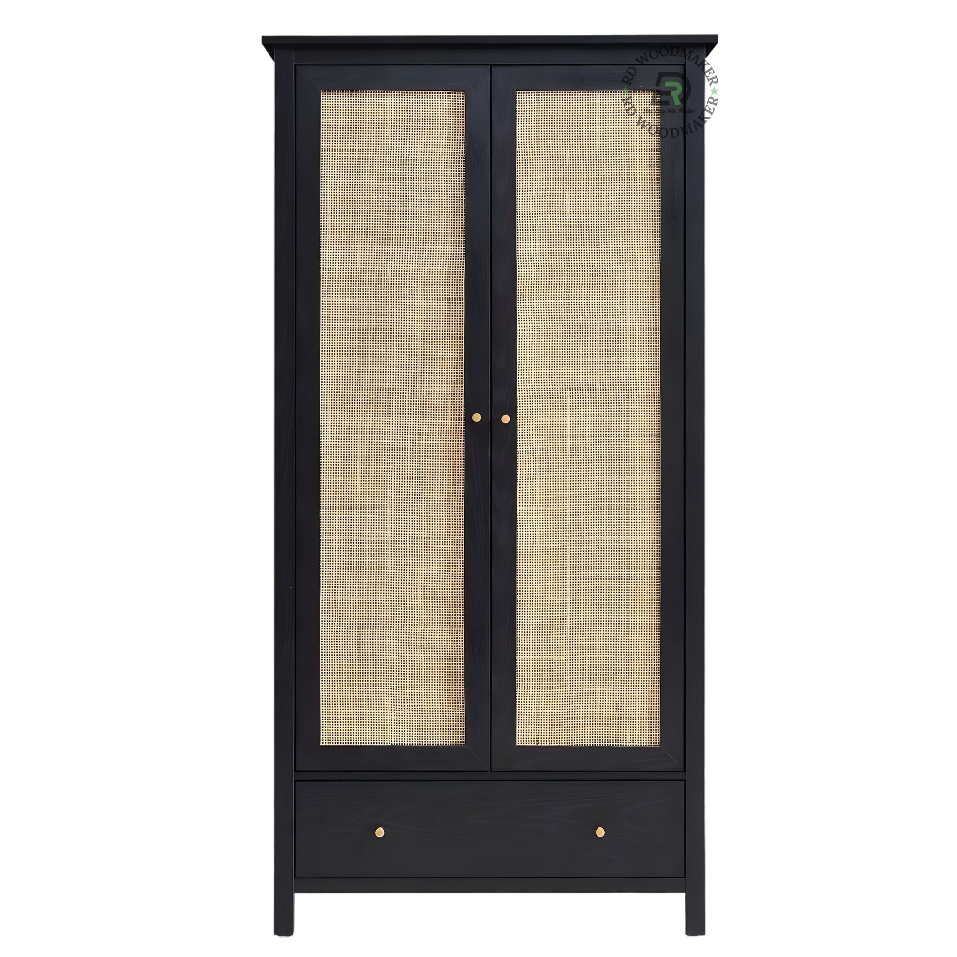 MODERN BLACK SOLID WOOD 2-DOOR WARDROBE WITH CANE PANELS AND DRAWER