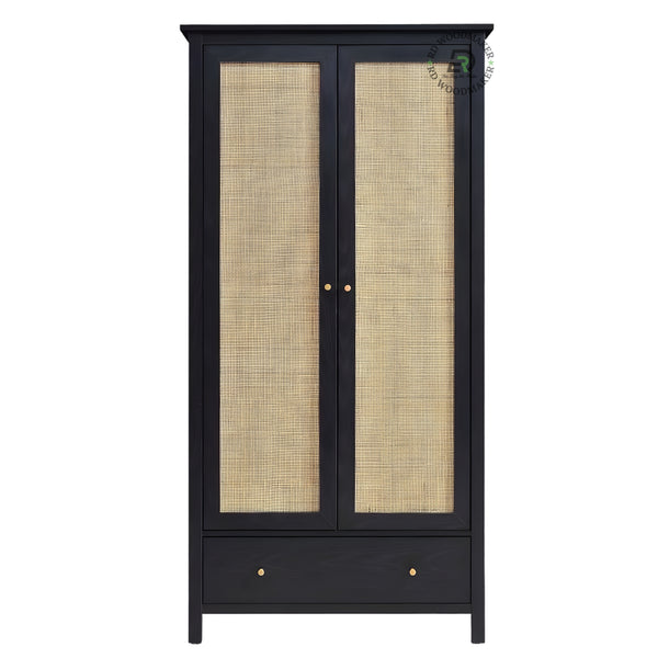 MODERN BLACK SOLID WOOD 2-DOOR WARDROBE WITH CANE PANELS AND DRAWER