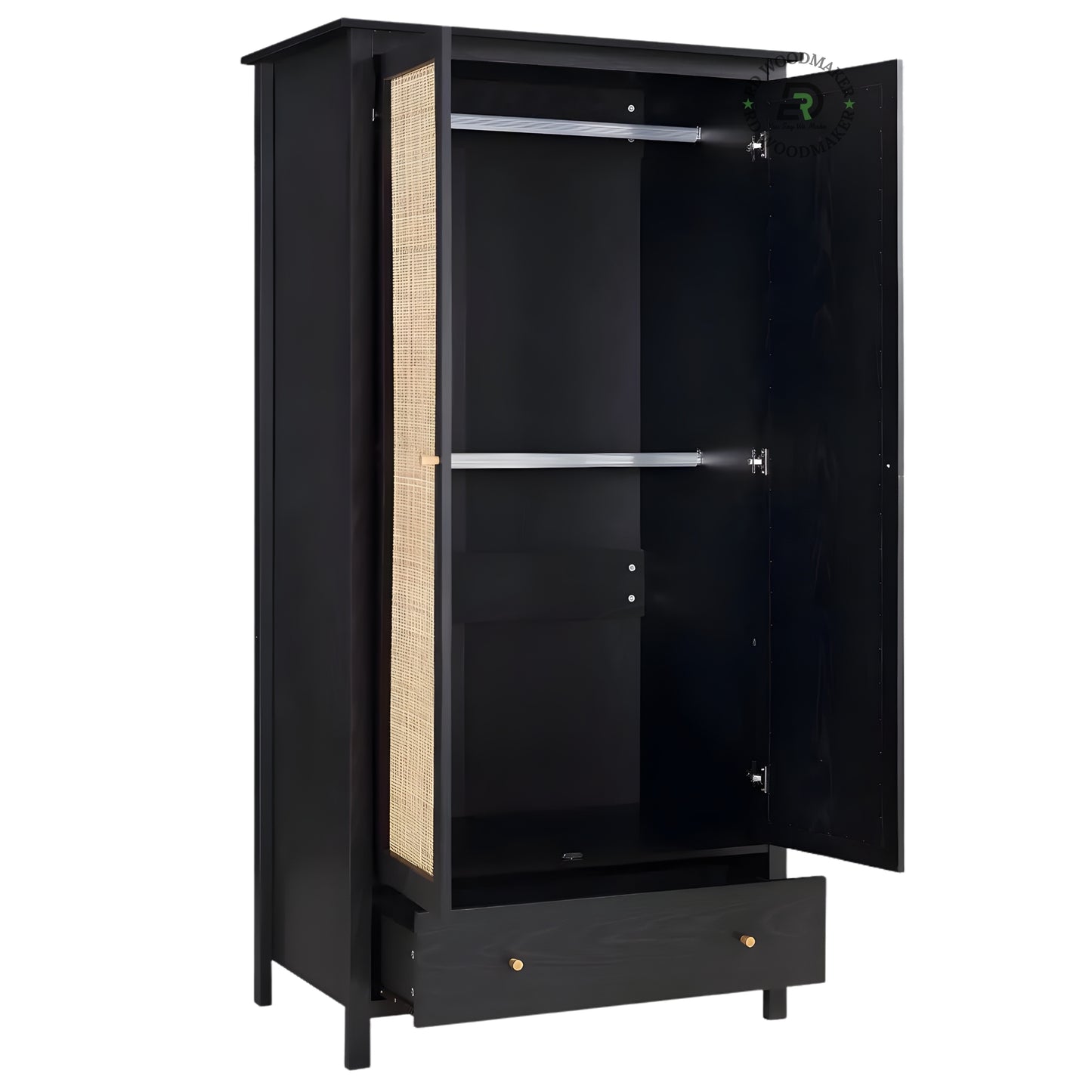 MODERN BLACK SOLID WOOD 2-DOOR WARDROBE WITH CANE PANELS AND DRAWER