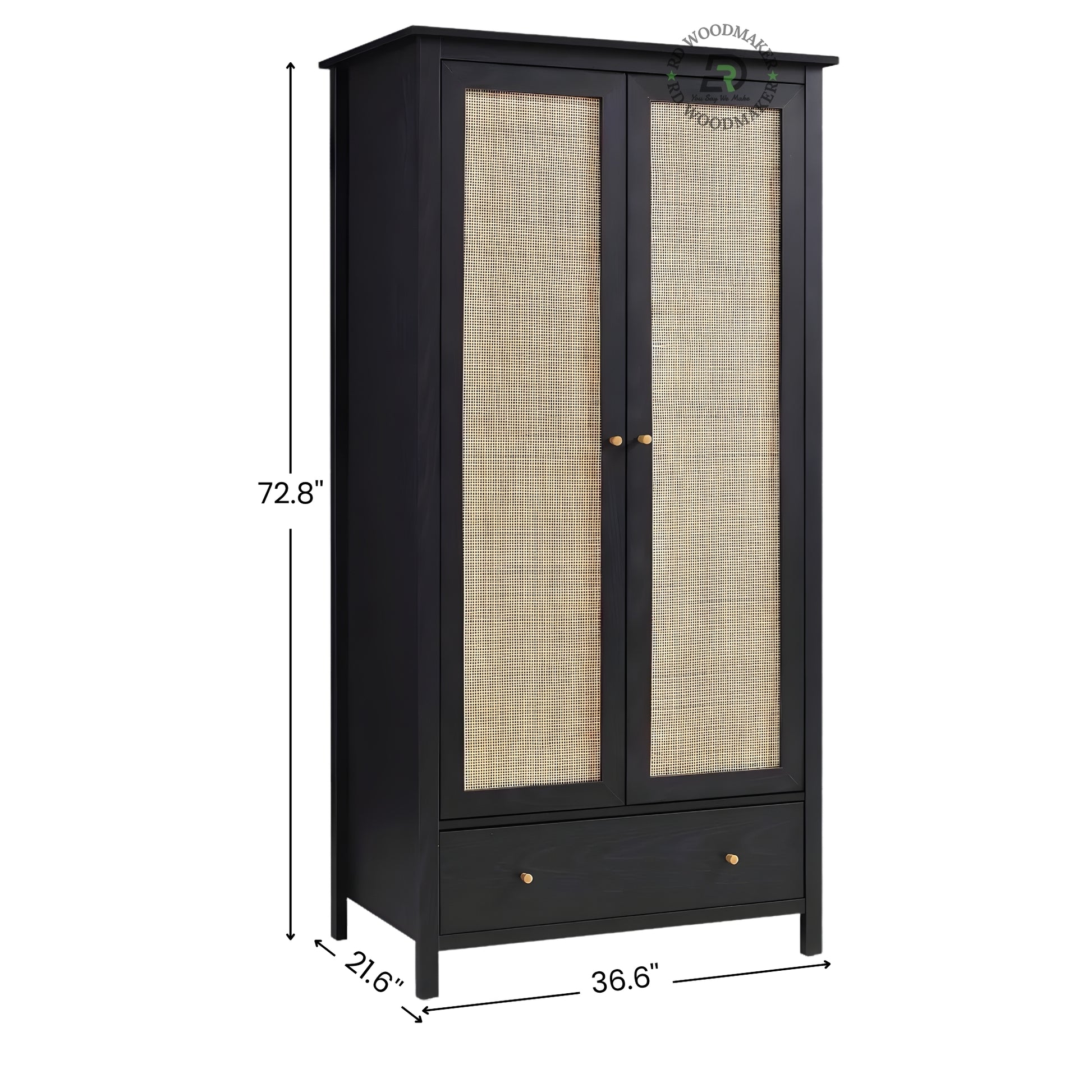 MODERN BLACK SOLID WOOD 2-DOOR WARDROBE WITH CANE PANELS AND DRAWER