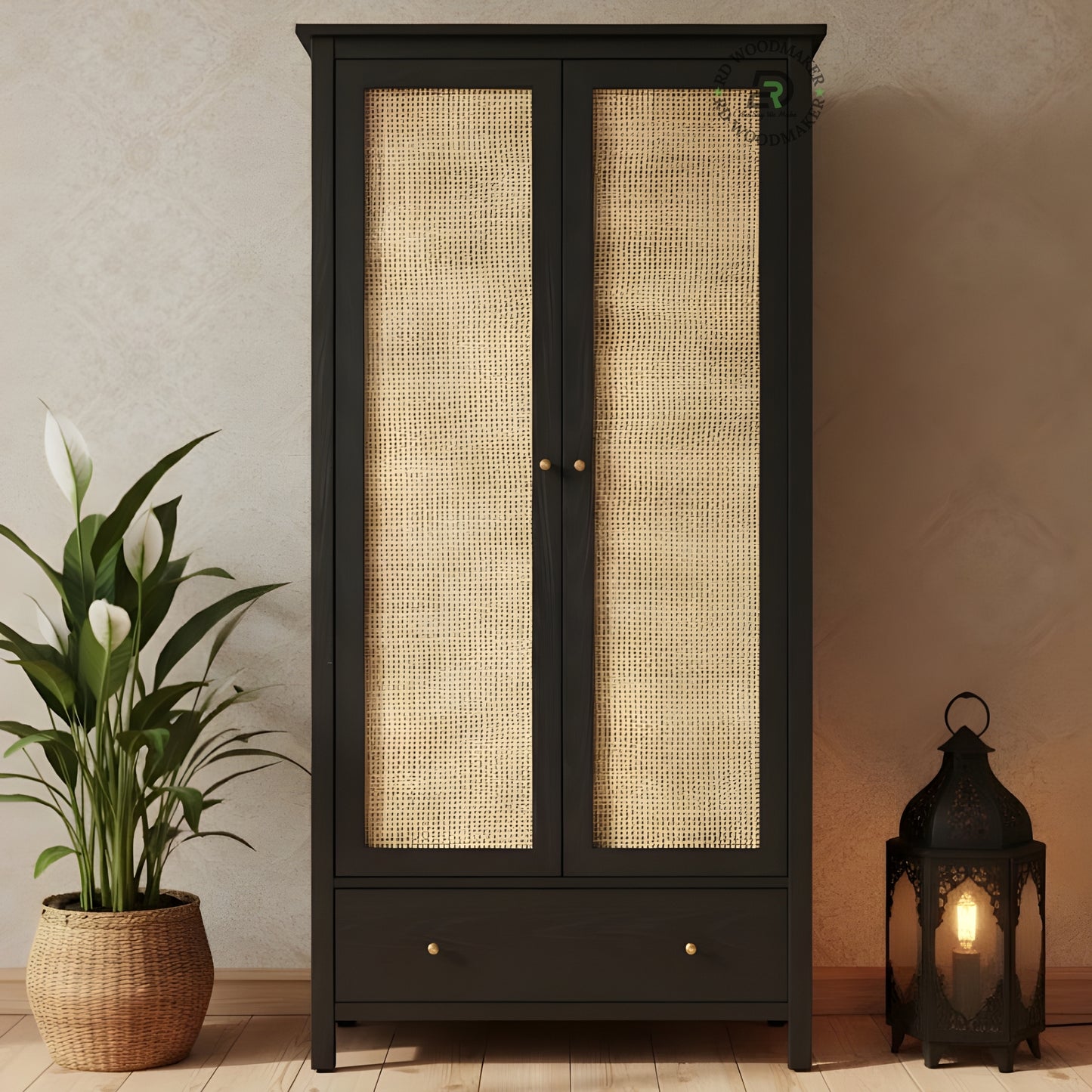 MODERN BLACK SOLID WOOD 2-DOOR WARDROBE WITH CANE PANELS AND DRAWER