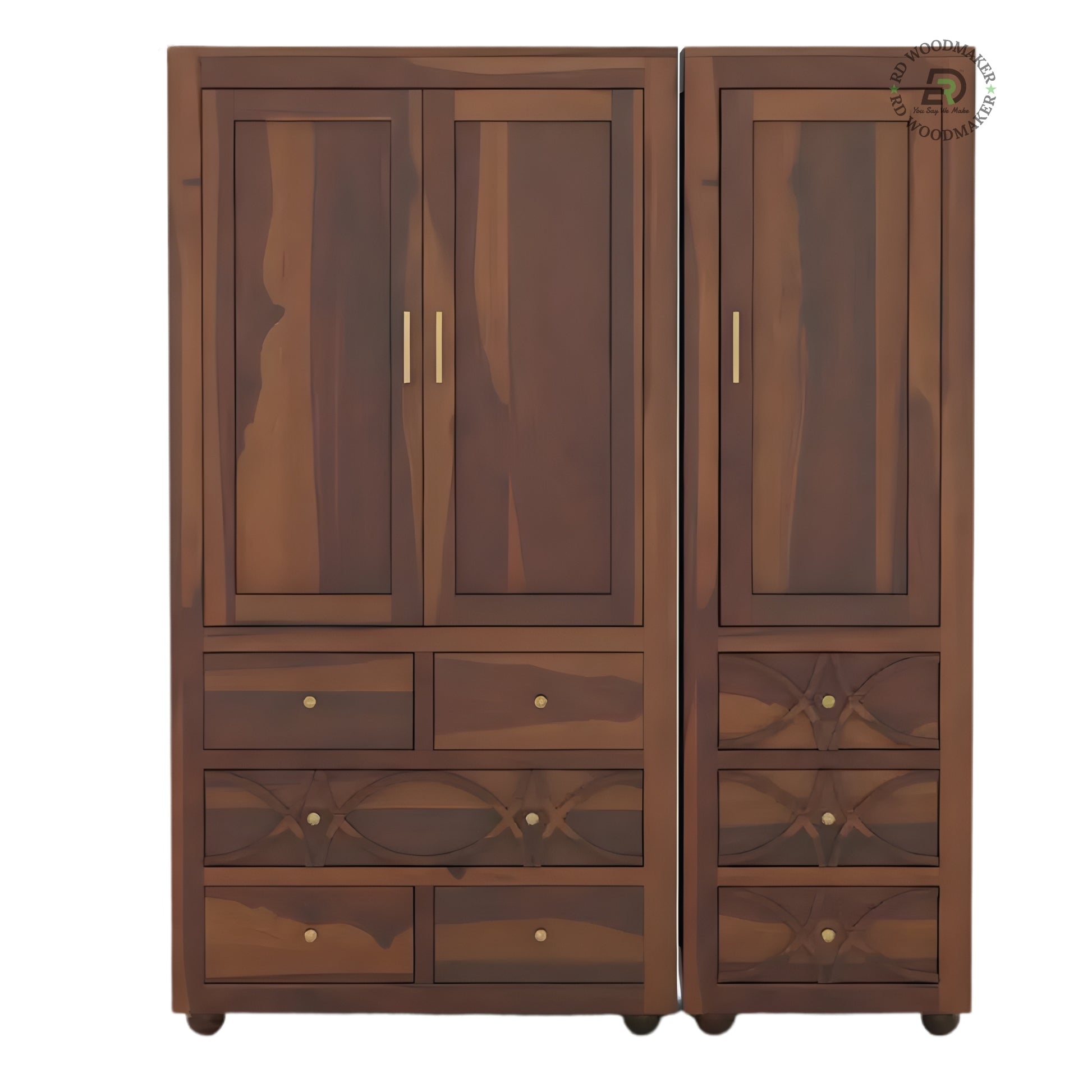 LARGE 4-DOOR SOLID WOOD WARDROBE WITH GEOMETRIC CARVED DRAWERS