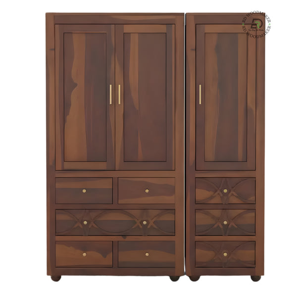LARGE 4-DOOR SOLID WOOD WARDROBE WITH GEOMETRIC CARVED DRAWERS