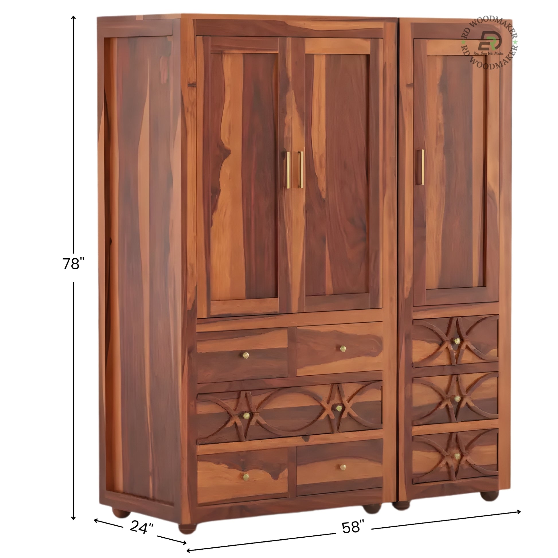 LARGE 4-DOOR SOLID WOOD WARDROBE WITH GEOMETRIC CARVED DRAWERS
