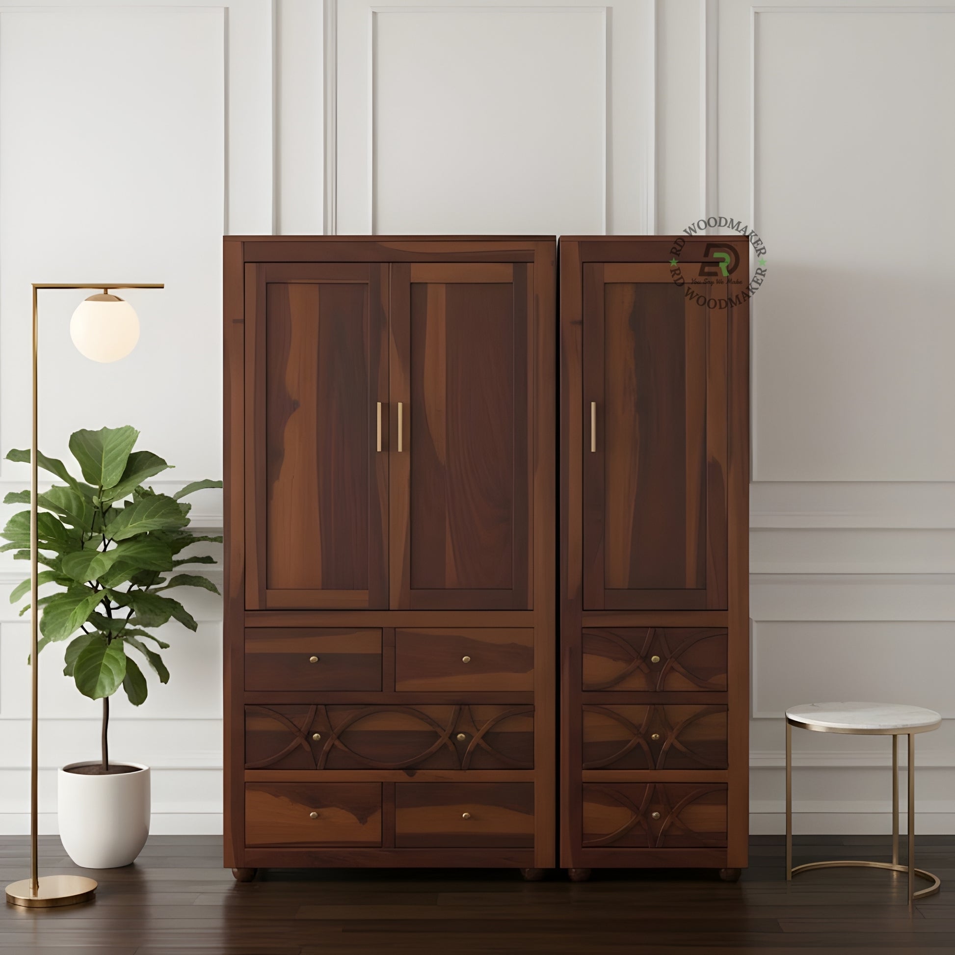 LARGE 4-DOOR SOLID WOOD WARDROBE WITH GEOMETRIC CARVED DRAWERS