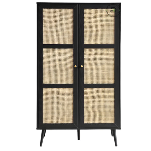 MODERN BLACK 2-DOOR WARDROBE WITH RATTAN CANE PANELS