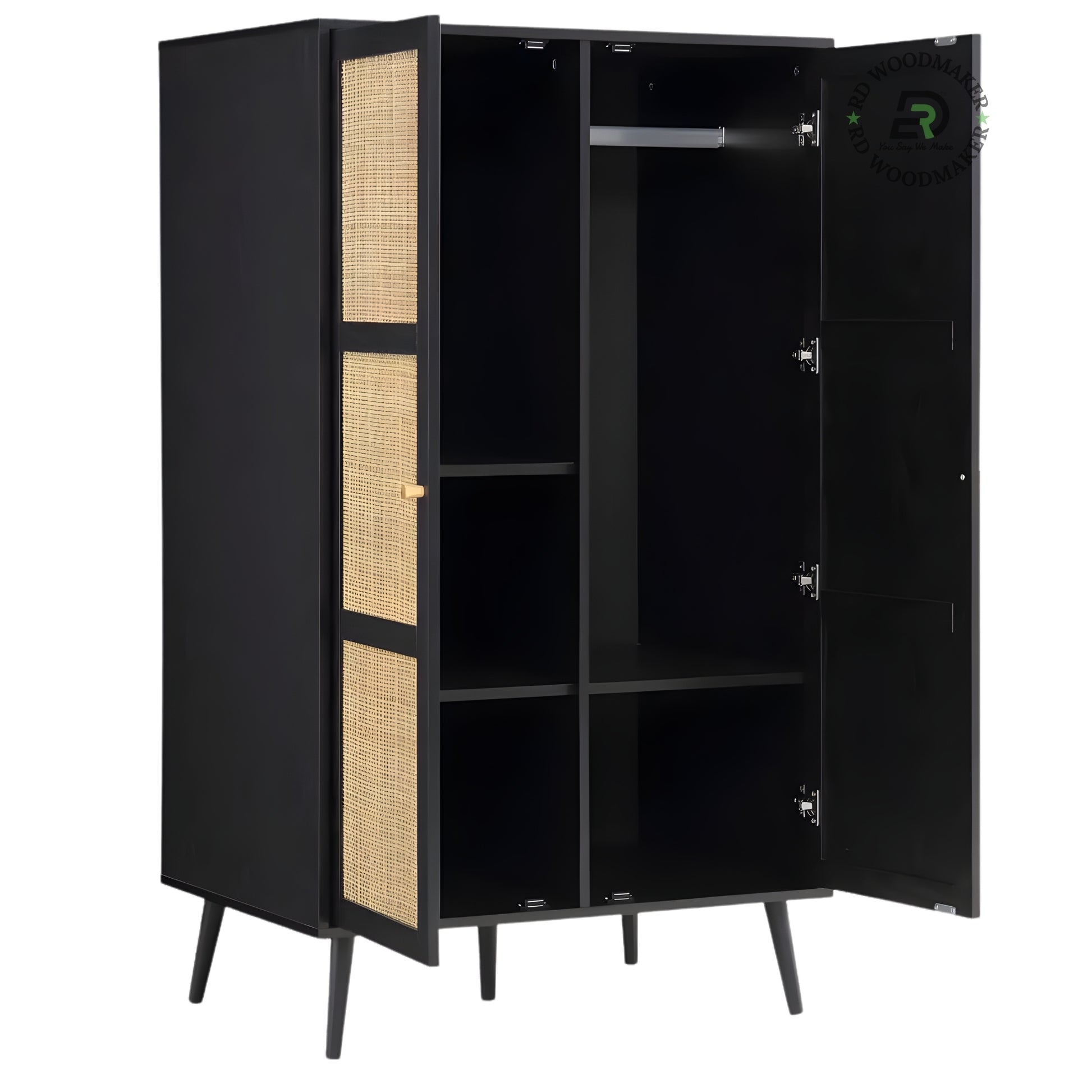 MODERN BLACK 2-DOOR WARDROBE WITH RATTAN CANE PANELS