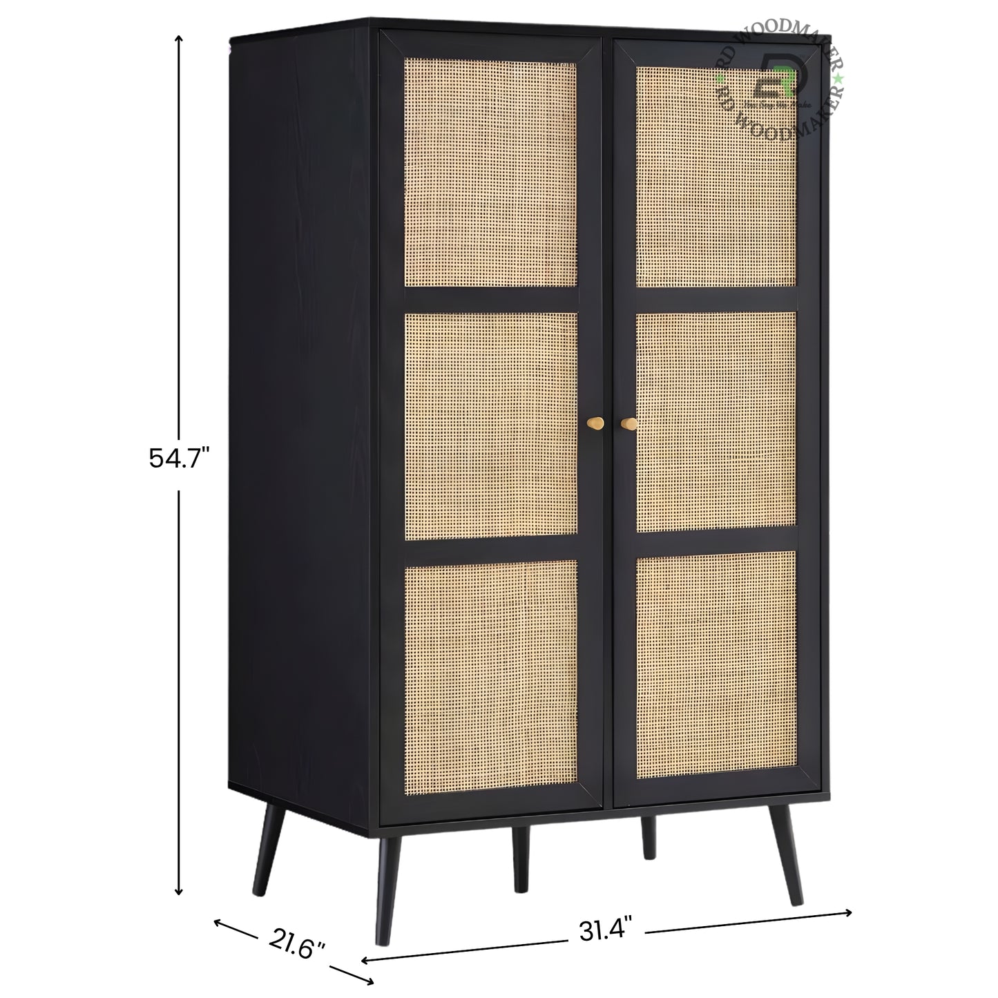 MODERN BLACK 2-DOOR WARDROBE WITH RATTAN CANE PANELS