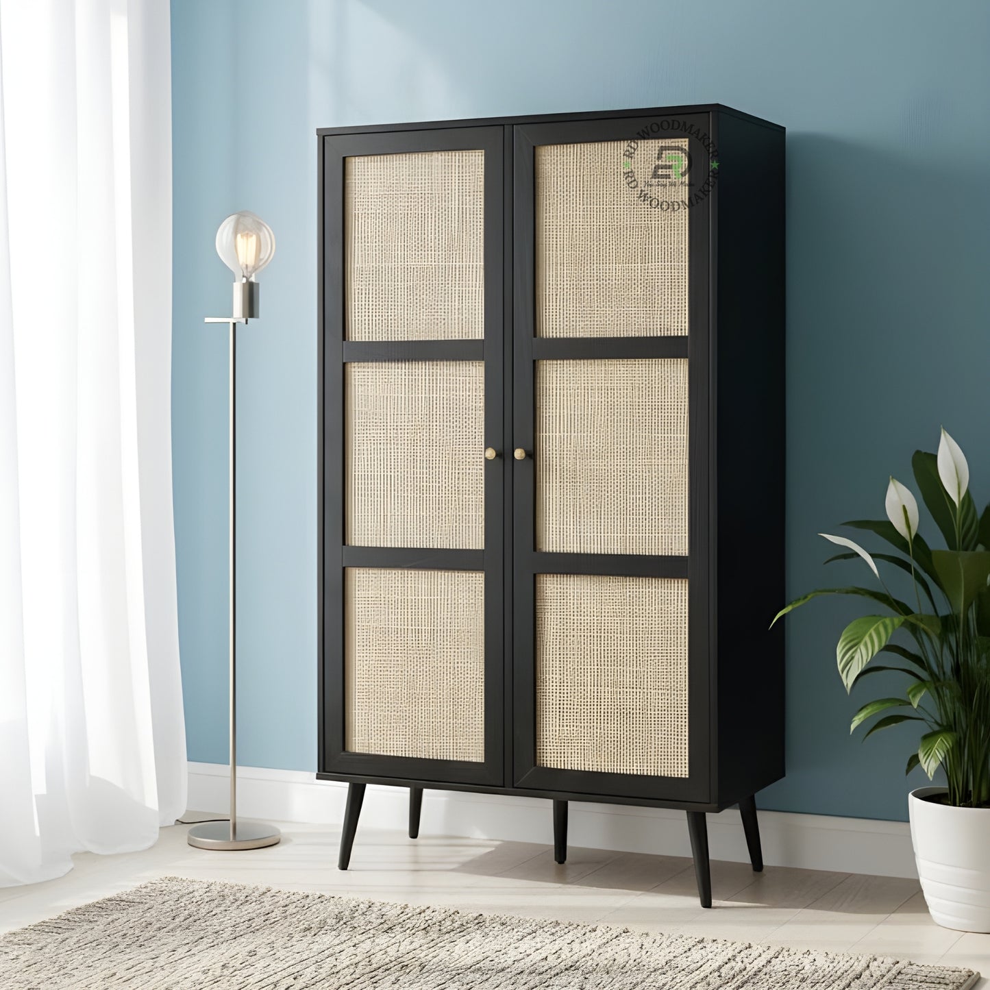 MODERN BLACK 2-DOOR WARDROBE WITH RATTAN CANE PANELS
