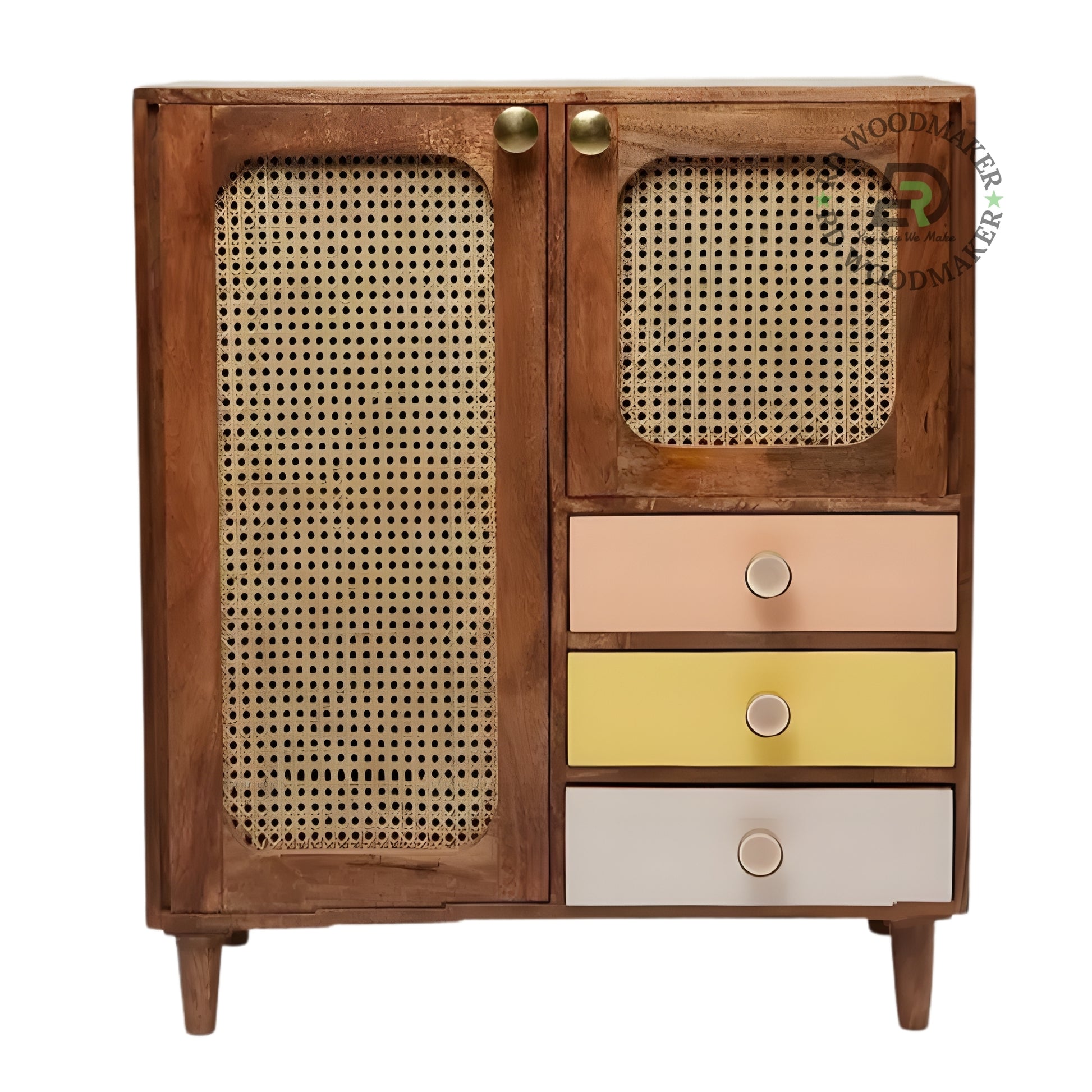 ECLECTIC BOHO SOLID WOOD WARDROBE WITH CANE DOORS AND COLORED DRAWERS