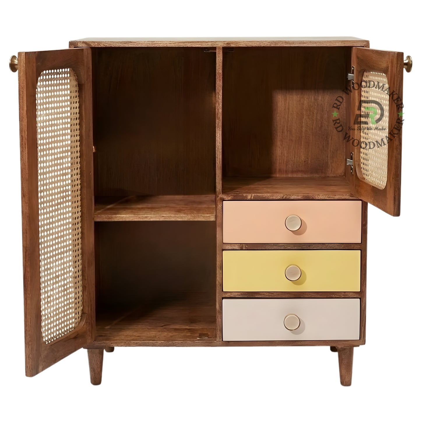 ECLECTIC BOHO SOLID WOOD WARDROBE WITH CANE DOORS AND COLORED DRAWERS