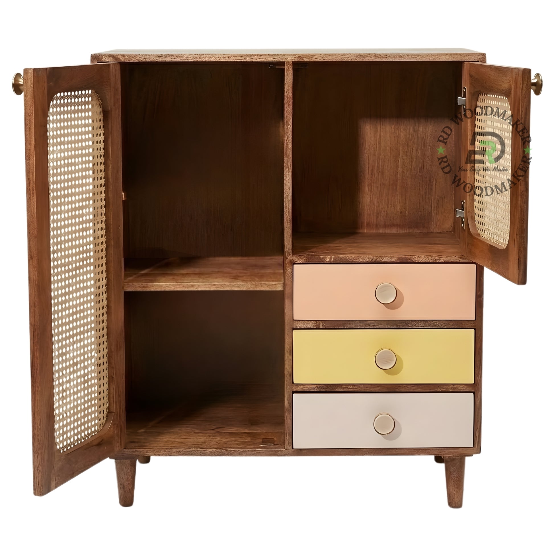 ECLECTIC BOHO SOLID WOOD WARDROBE WITH CANE DOORS AND COLORED DRAWERS