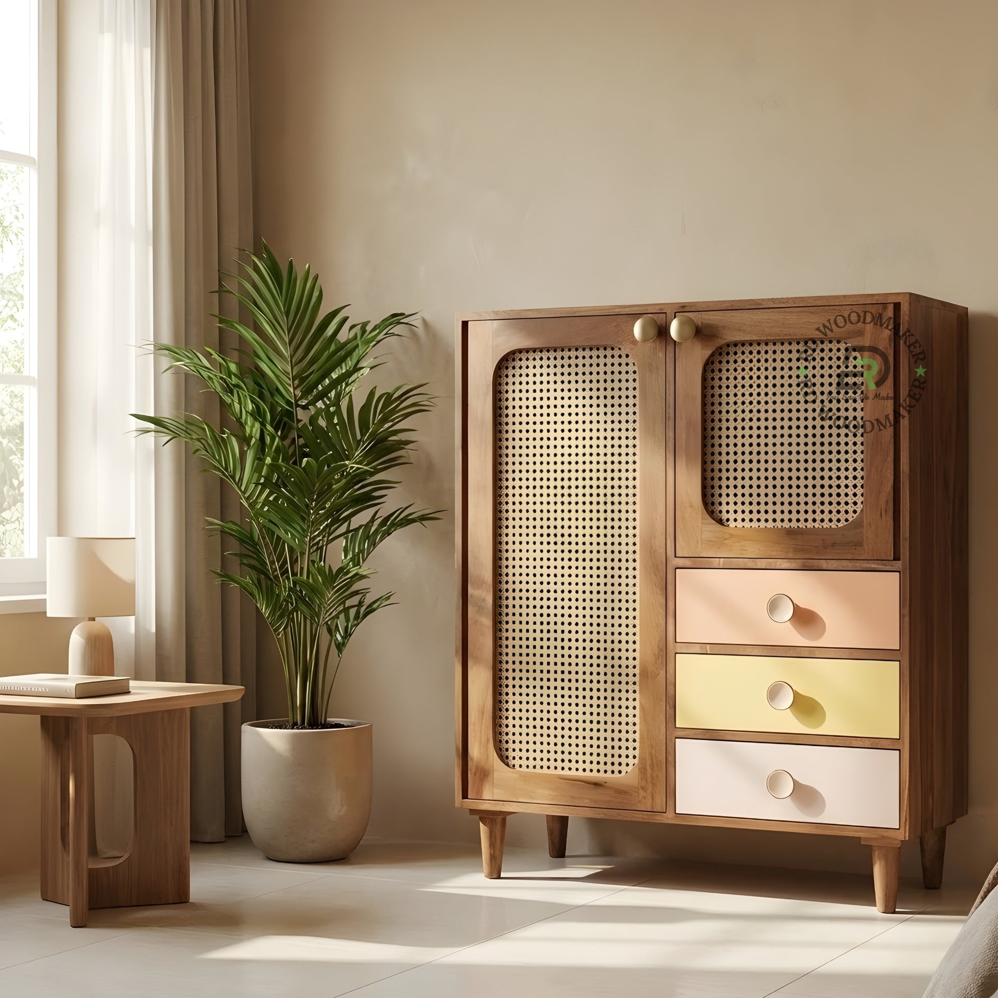 ECLECTIC BOHO SOLID WOOD WARDROBE WITH CANE DOORS AND COLORED DRAWERS