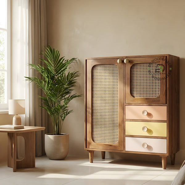 ECLECTIC BOHO SOLID WOOD WARDROBE WITH CANE DOORS AND COLORED DRAWERS