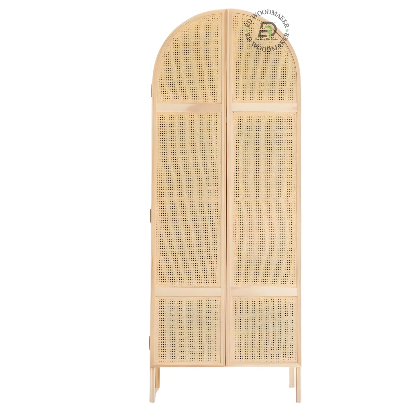 NATURAL WOOD ARCHED 2-DOOR WARDROBE WITH RATTAN CANE PANELS