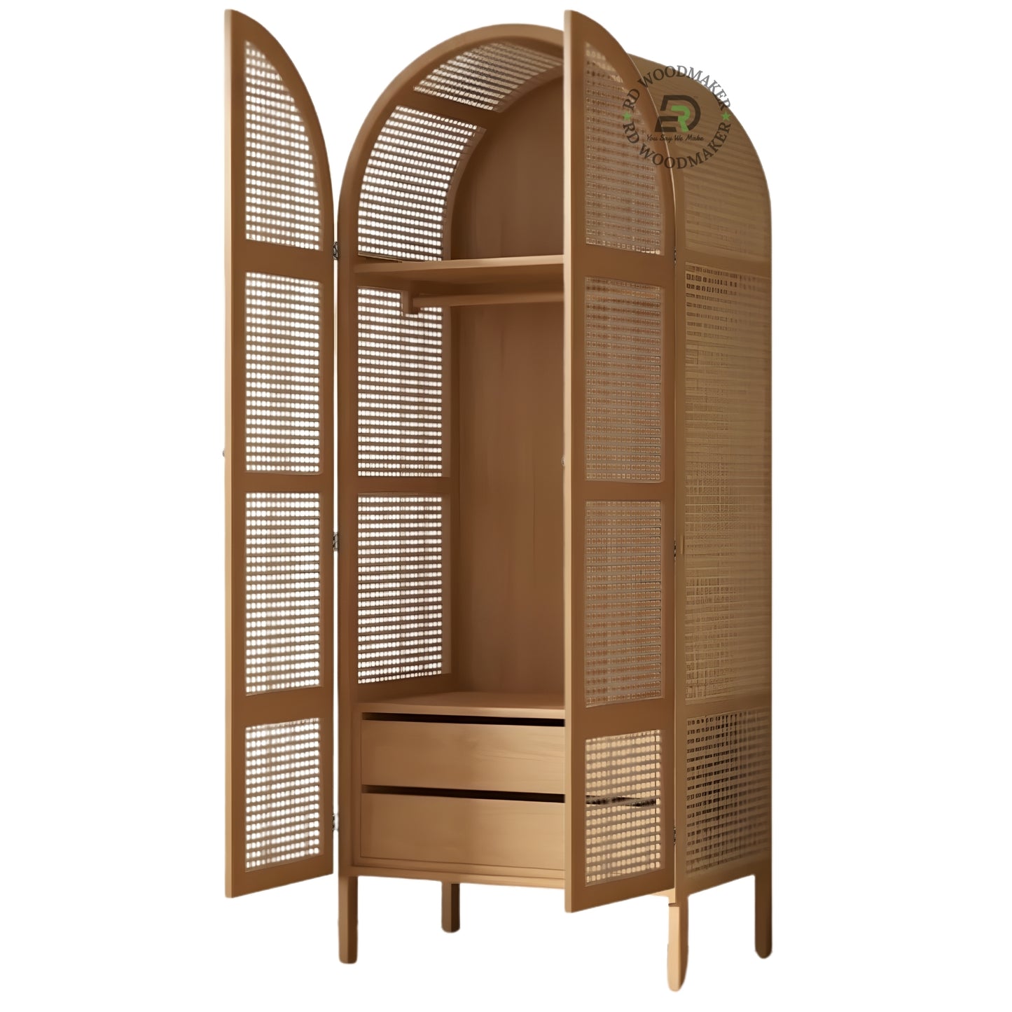 NATURAL WOOD ARCHED 2-DOOR WARDROBE WITH RATTAN CANE PANELS