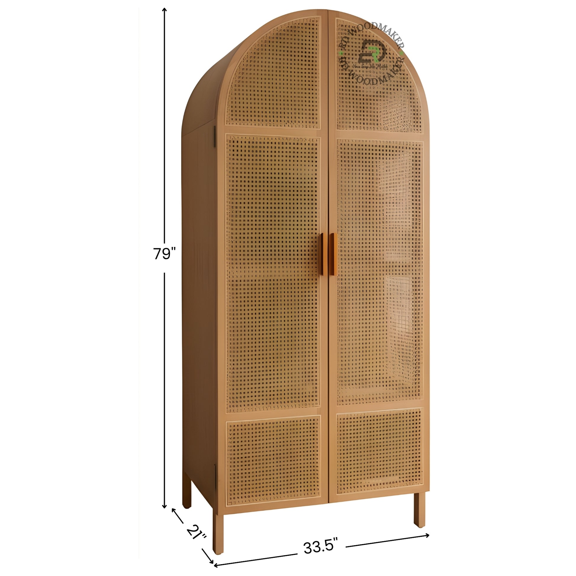 NATURAL WOOD ARCHED 2-DOOR WARDROBE WITH RATTAN CANE PANELS
