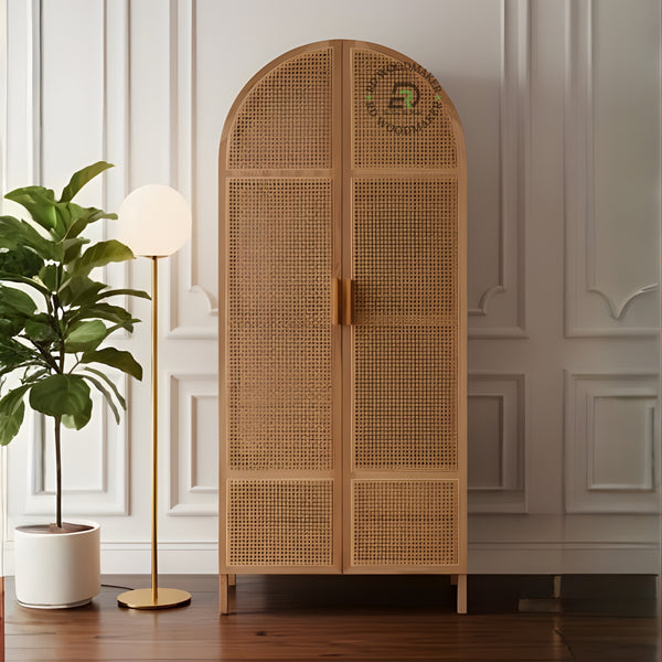 NATURAL WOOD ARCHED 2-DOOR WARDROBE WITH RATTAN CANE PANELS
