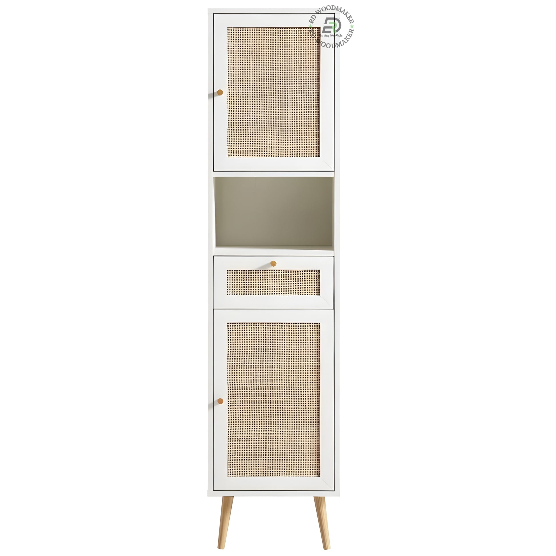 MODERN WHITE RATTAN SLIM STORAGE WARDROBE CABINET WITH DRAWER & OPEN SHELF