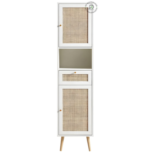 MODERN WHITE RATTAN SLIM STORAGE WARDROBE CABINET WITH DRAWER & OPEN SHELF