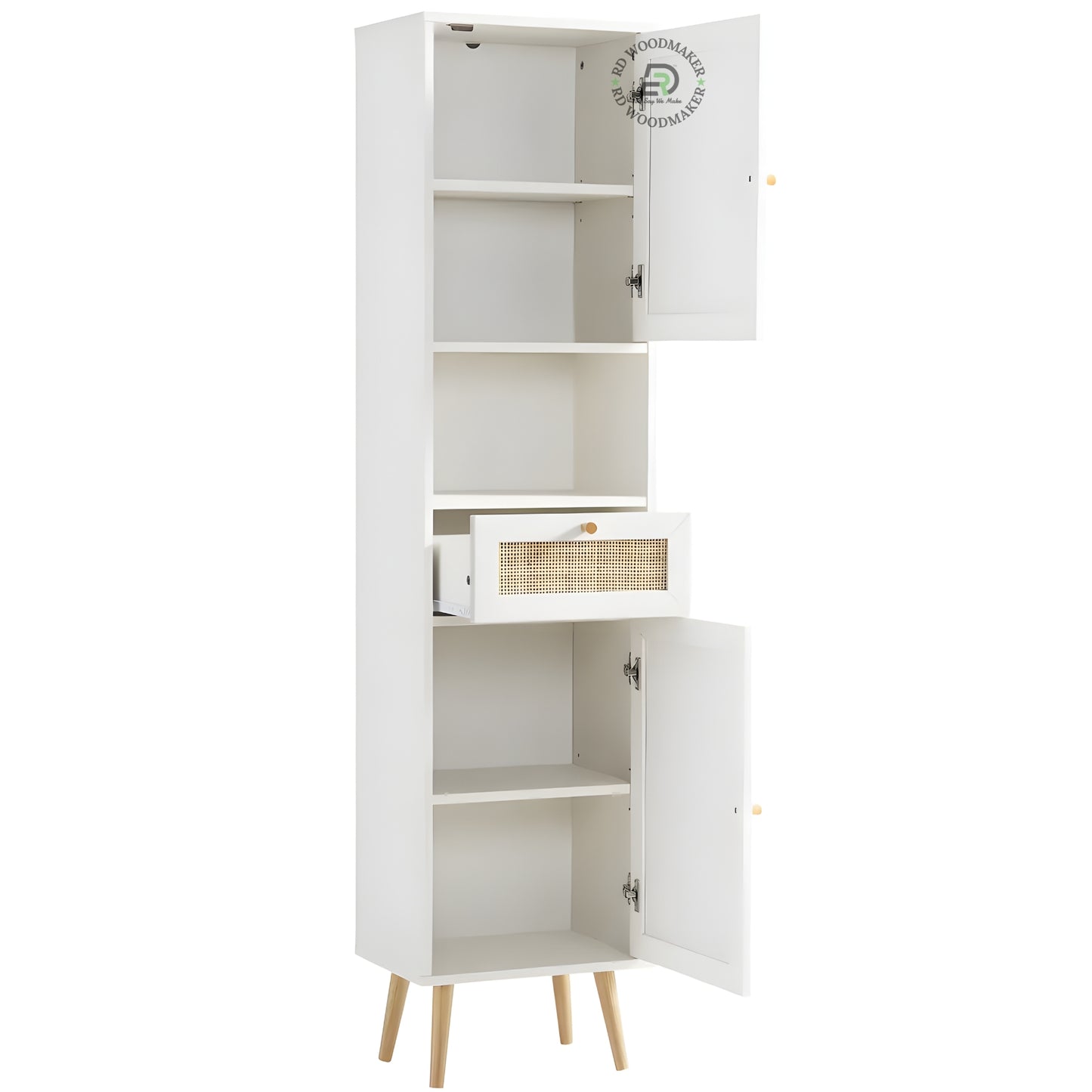 MODERN WHITE RATTAN SLIM STORAGE WARDROBE CABINET WITH DRAWER & OPEN SHELF