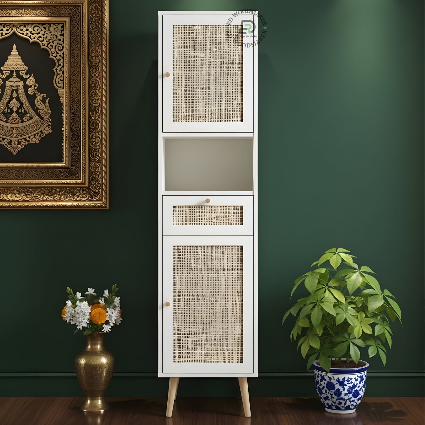 MODERN WHITE RATTAN SLIM STORAGE WARDROBE CABINET WITH DRAWER & OPEN SHELF
