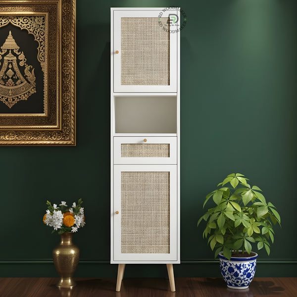 MODERN WHITE RATTAN SLIM STORAGE WARDROBE CABINET WITH DRAWER & OPEN SHELF