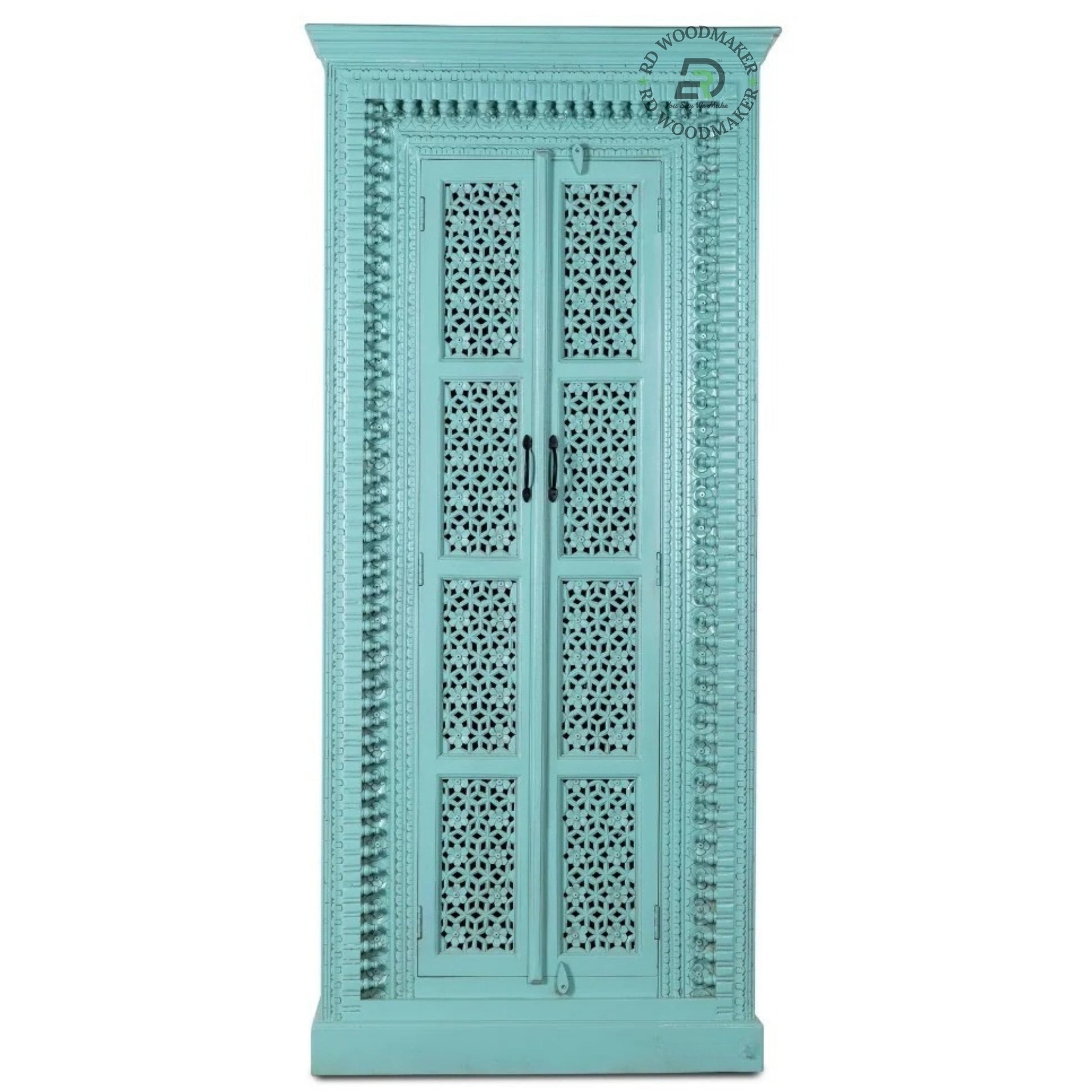 HANDCARVED TURQUOISE WOODEN DOUBLE DOOR WARDROBE WITH INTRICATE JALI DESIGN