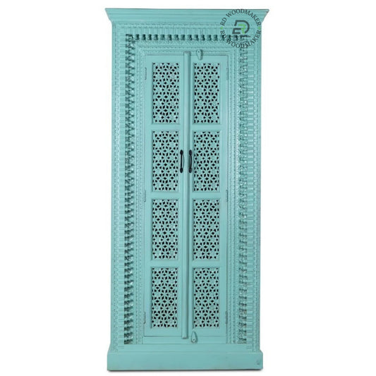 HANDCARVED TURQUOISE WOODEN DOUBLE DOOR WARDROBE WITH INTRICATE JALI DESIGN