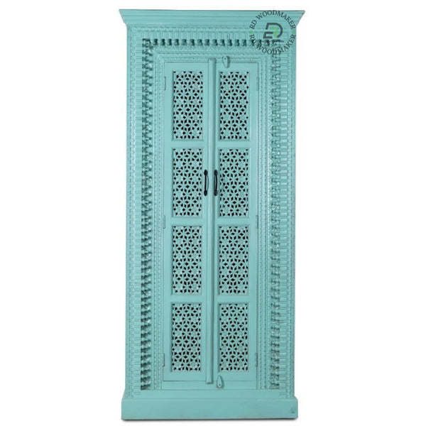 HANDCARVED TURQUOISE WOODEN DOUBLE DOOR WARDROBE WITH INTRICATE JALI DESIGN