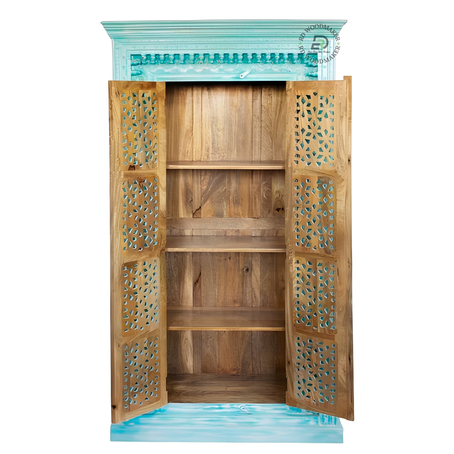 HANDCARVED TURQUOISE WOODEN DOUBLE DOOR WARDROBE WITH INTRICATE JALI DESIGN
